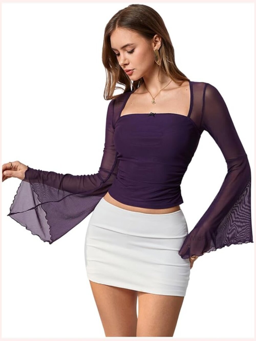 Bell Sleeve Square Neck Floral Mesh Crop Top Long Sleeve Slim Fit Blouse